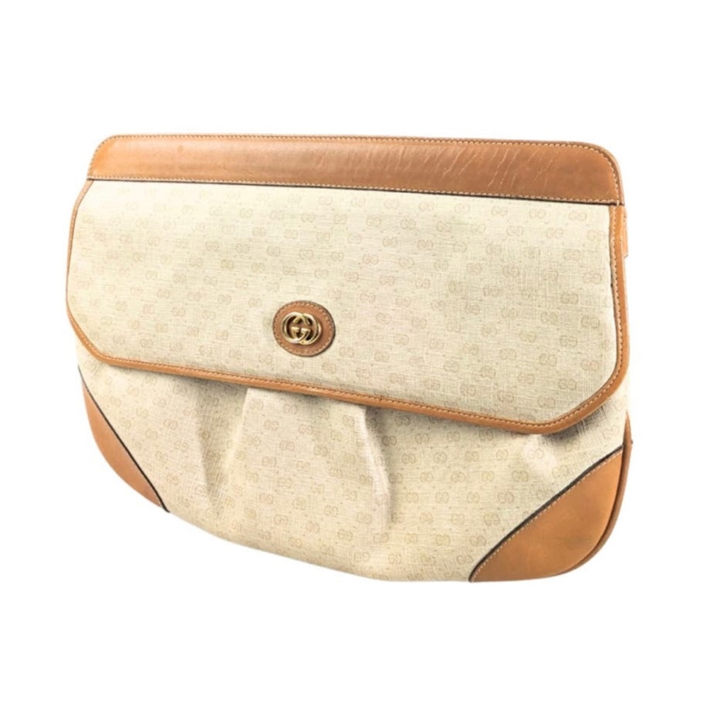 GUCCI Cream Vintage Signature Coated Canvas & Leather Clutch